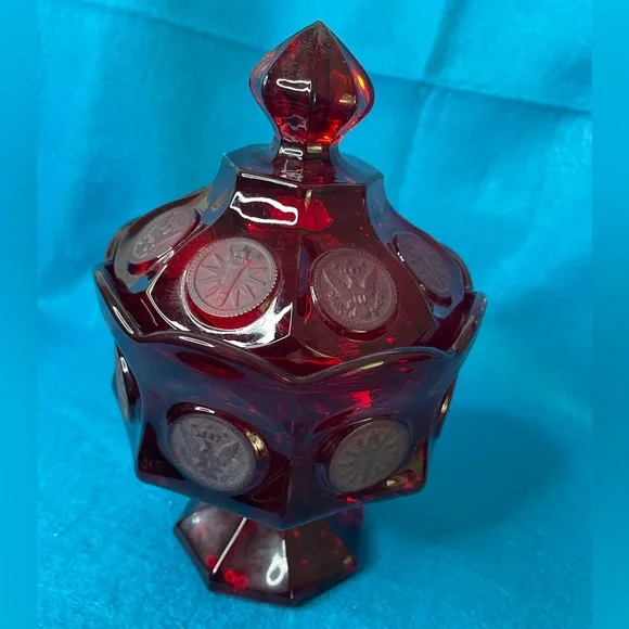 Vintage Fostoria Ruby Red Glass Coin Covered Wedding Bowl/Candy Dish w/Lid. - Picture 2 of 13